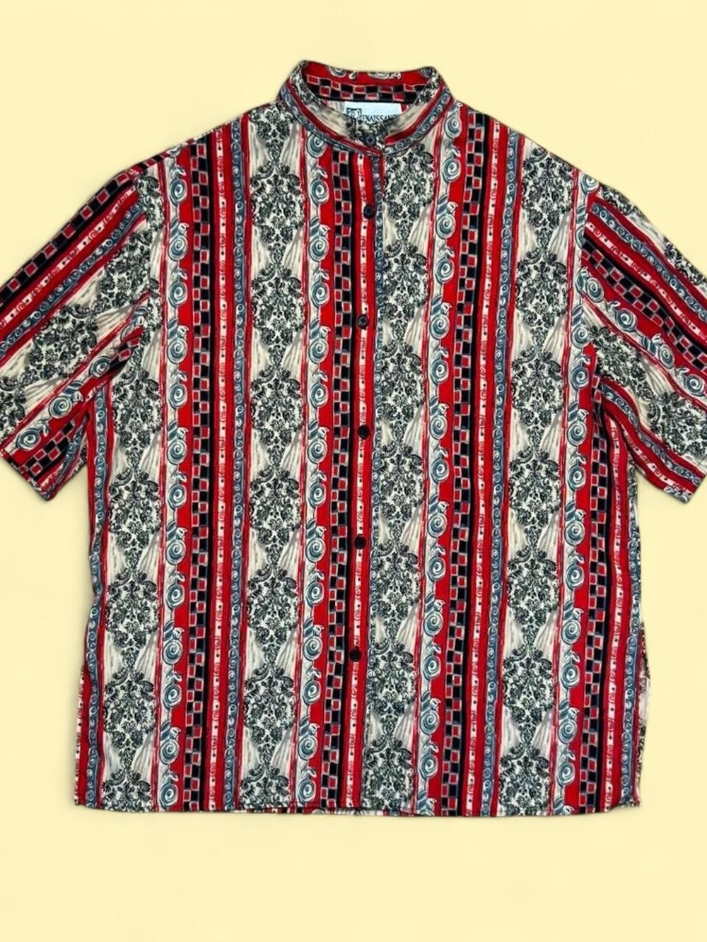 Vintage Red, Cream & Black Striped and Floral Pattern Button-Down Shirt